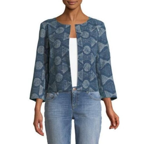 Eileen Fisher Jackets & Blazers - Eileen Fisher Jacket Open Front Bracelet Sleeve Hand-Printed Indigo Blue Size L